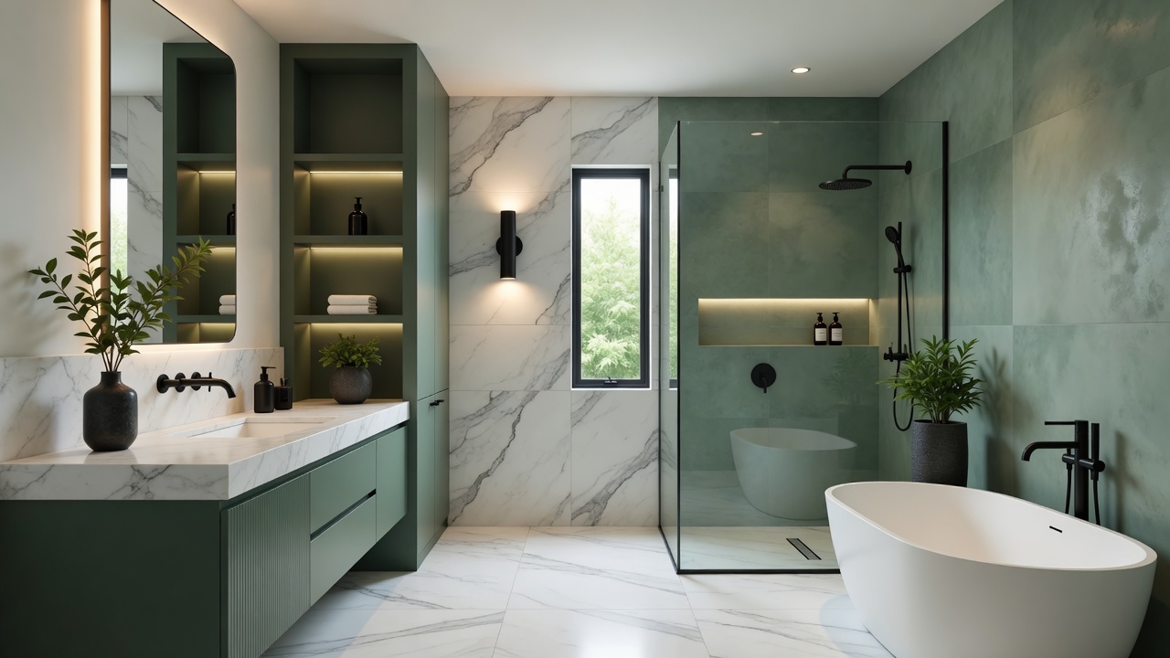 A modern bathroom renovation with marble walls, green cabinetry, and a freestanding tub.